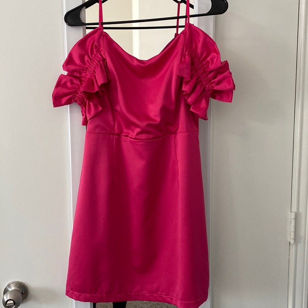 DO+BE Hot Pink Satin Mini Dress with Ruffle Sleeves
